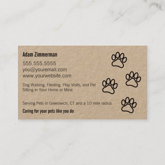 Paw Prints Hond Walker Pet Sitter Kraft Papier Visitekaartje (Achterkant)