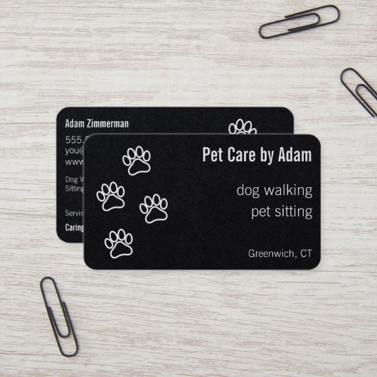Paw Prints Hond Walker Pet Sitter Premium Zwart Visitekaartje (Voorkant / Achterkant in situ)