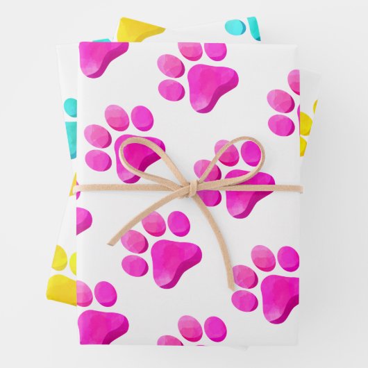 Paw Prints Huisdieren Honden Katten Roze Geel Blau Inpakpapier Vel (In situ)