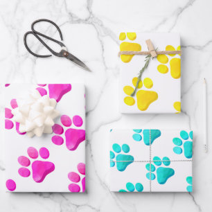 Paw Prints Huisdieren Honden Katten Roze Geel Blau Inpakpapier Vel