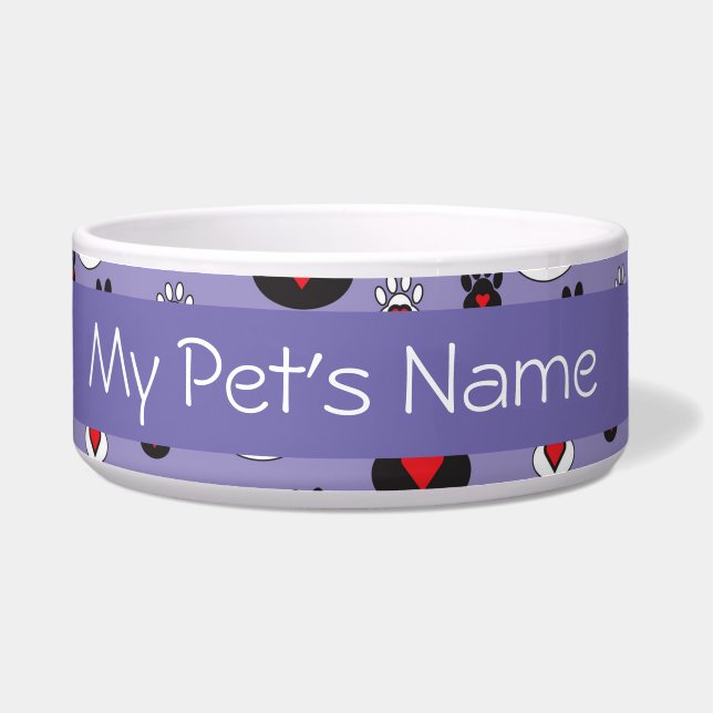 Paw Prints met harten op blauwe Bowl gepersonalise Voerbakje (Voorkant)