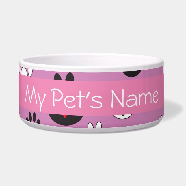 Paw prints met harten op roze gepersonaliseerd voerbakje (Voorkant)