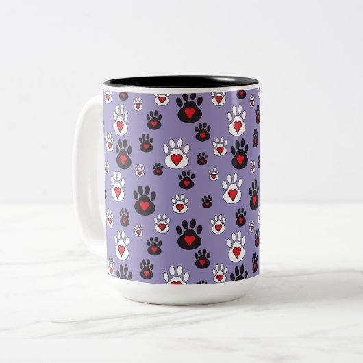 Paw Prints met rode harten op blauw Tweekleurige Koffiemok (Voorkant links)
