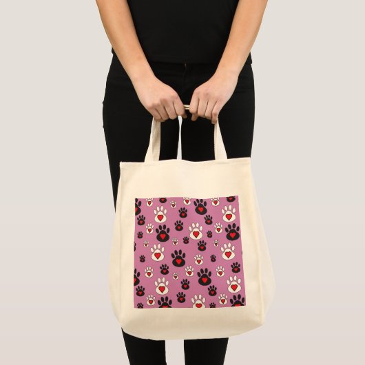 Paw prints met rode harten op roze tote bag (Voorkant (product))
