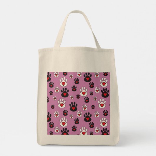 Paw prints met rode harten op roze tote bag (Achterkant)