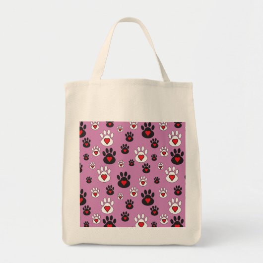 Paw prints met rode harten op roze tote bag (Voorkant)