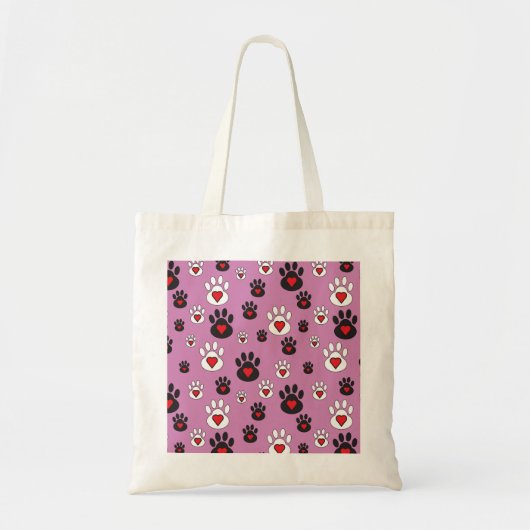 Paw prints met rode harten op roze tote bag (Voorkant)