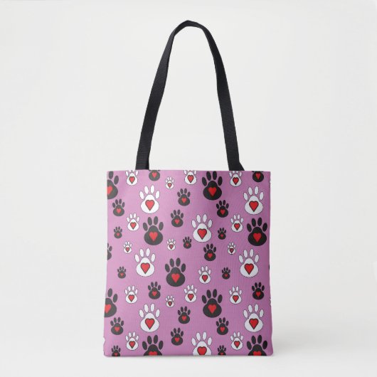 Paw prints met rode harten op roze tote bag (Voorkant)