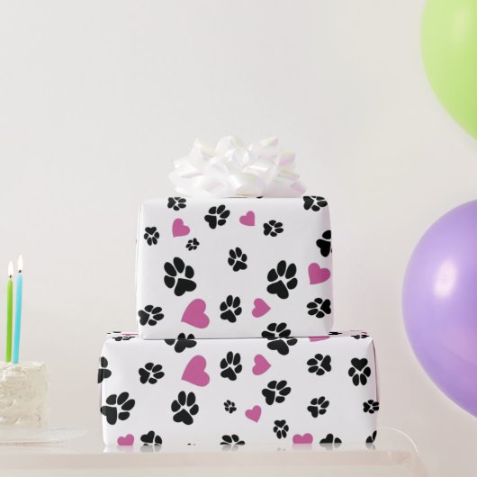 Paw prints Pink Hearts Pattern Schattigee Pet lief Cadeaupapier (Feestgeschenken)