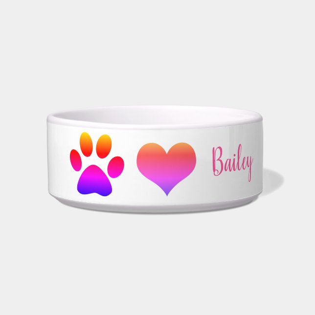 Paw Prints Roze Wit Aangepaste Schattigee Monogram Voerbakje (Voorkant)