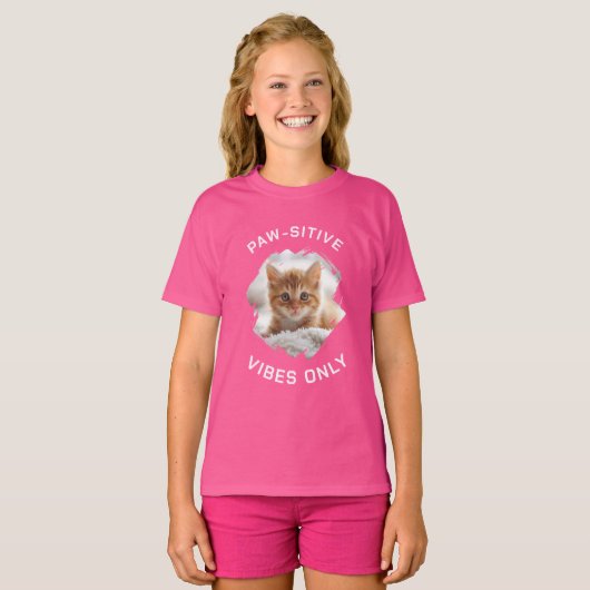 Paw-sensitive vibes alleen kat foto meisje roze t-shirt (Voorkant volledig)