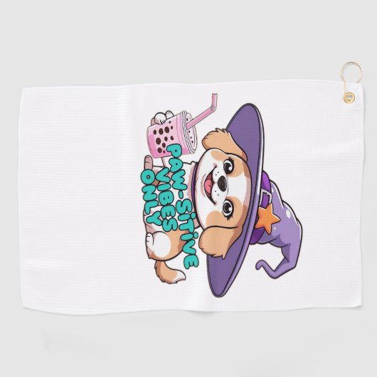 Paw-sitive Vibes Only – Schattigee hond met bubbel Golfhanddoek (Horizontaal)
