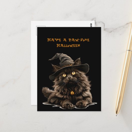 Paw-some Halloween Black Cat Witch Pet Briefkaart (Voorkant / Achterkant in situ)