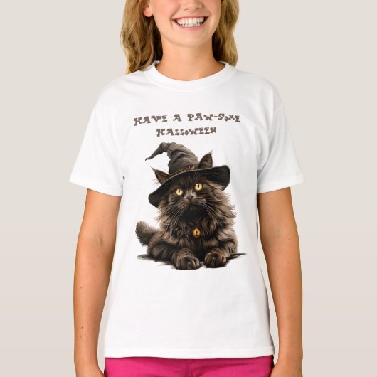 Paw-some Halloween Black Cat Witch Pet T-shirt (Voorkant)