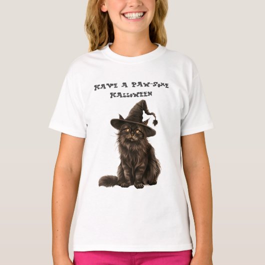 Paw-some Halloween Black Cat Witch Pet T-shirt (Voorkant)