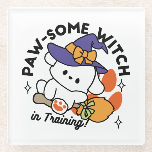 Paw-some Witch in Training - Schattigee Halloween- Glazen Onderzetter (Voorkant)