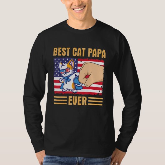 Paw Touching Hand US Flag America Best Cat Papa Ev T-shirt (Voorkant)