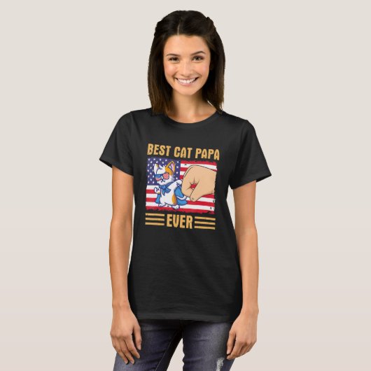 Paw Touching Hand US Flag America Best Cat Papa Ev T-shirt (Voorkant volledig)