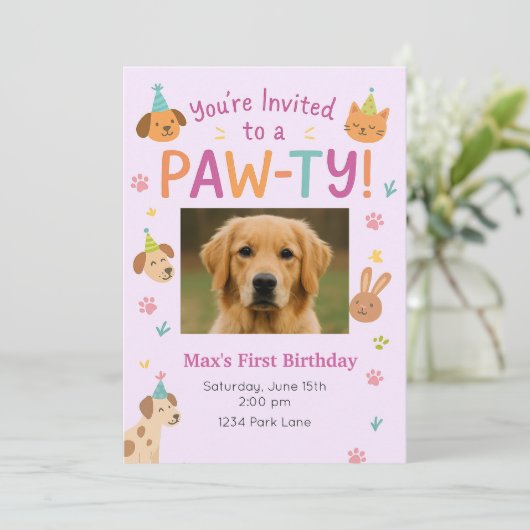 Paw-ty Animal- Aangepaste foto-huisdier verjaardag Kaart (Staand voorkant)