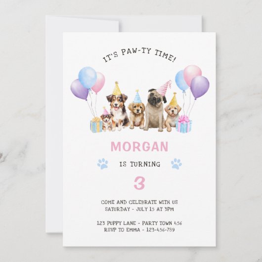 Paw-ty Dog Roze Verjaardag Waterverf Kaart (Voorkant)