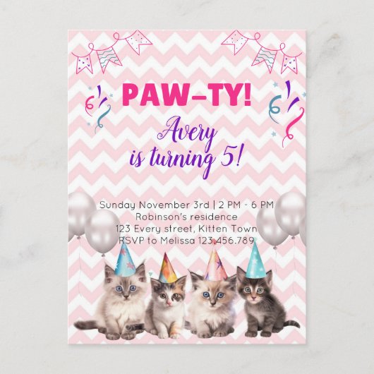 Paw-ty Kittens Kids Verjaardagsfeestuitnodigingen Uitnodiging Briefkaart (Voorkant)