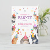Paw-ty tijd grappige kat thema kinderen verjaardag kaart (Staand voorkant)