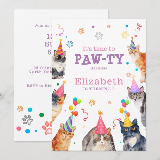 Paw-ty tijd grappige kat thema kinderen verjaardag kaart (Voorkant / Achterkant)