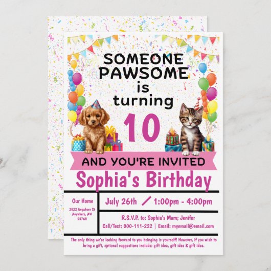 Pawesome Party; Katten en Puppies | Uitnodiging (Voorkant / Achterkant)