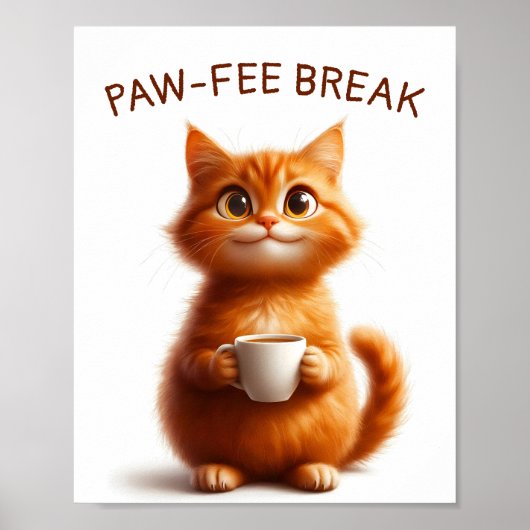Pawfee-pauze Funny Sinaasappelkat met Koffie Poster (Voorkant)