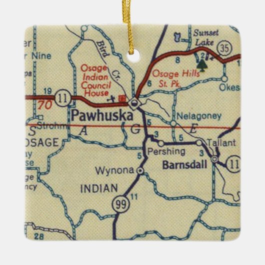 Pawhuska OK Retro Map Keramisch Ornament (Voorkant)