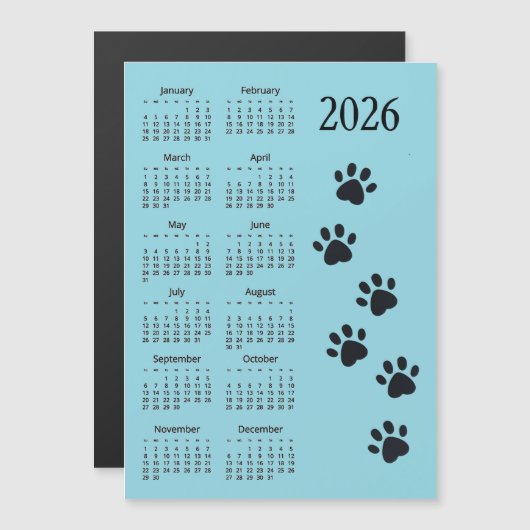 Pawprints Design 2026 Calendar Magnetic Card (Voorkant / Achterkant)