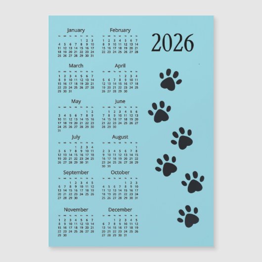 Pawprints Design 2026 Calendar Magnetic Card (Voorkant)