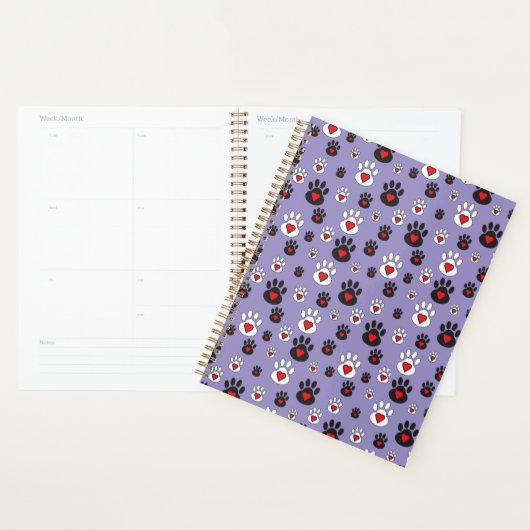 Pawprints met rode harten op blauw planner (Display)