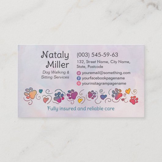 Paws and Heats - handgetekende lijnkunst & waterve Visitekaartje (Achterkant)