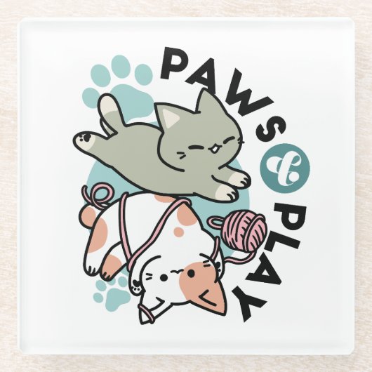 Paws and Play – Adorable Cat Illustration Glazen Onderzetter (Voorkant)