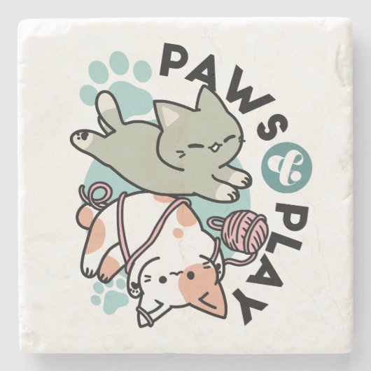 Paws and Play – Adorable Cat Illustration Stenen Onderzetter (Voorkant)