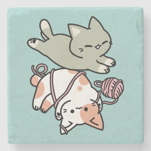 Paws and Play – Adorable Cat Illustration Stenen Onderzetter (Voorkant)