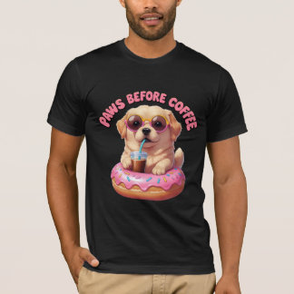 Paws Before Coffee Schattigee Puppy Donut Art T-shirt