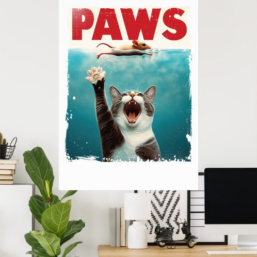 PAWS Cat Mouse Parodie op het Jaws Movie Poster (Thuiskantoor)