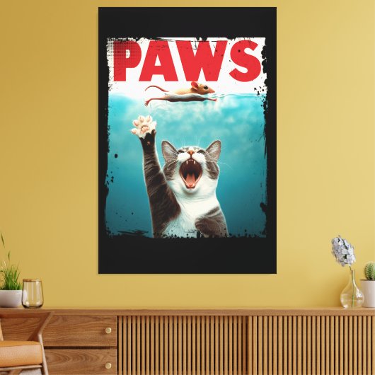 PAWS Cat Mouse Parodie op het Jaws Movie Poster Canvas Afdruk (Insitu (Woonkamer))