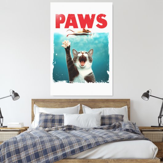 PAWS Cat Mouse Parodie op het Jaws Movie Poster Canvas Afdruk (Insitu (Slaapkamer))