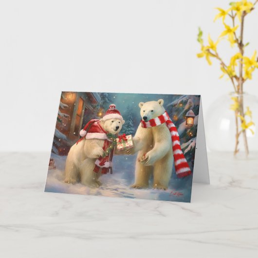Paws en Cadeaus: Een Polar Beer Kerstuitwisseling Kaart (Gele Bloem)