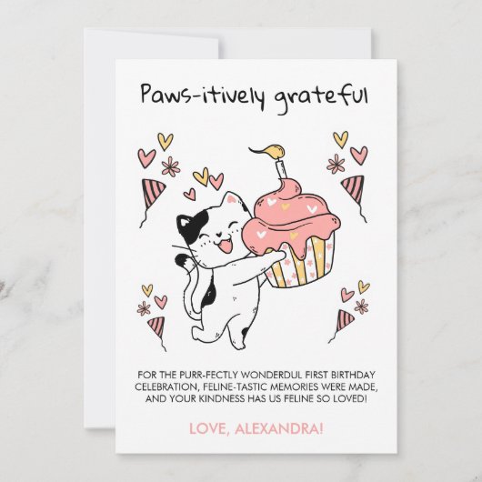 Paws-itief dankbare Kitten 1e Verjaardag Bedankkaart (Voorkant)