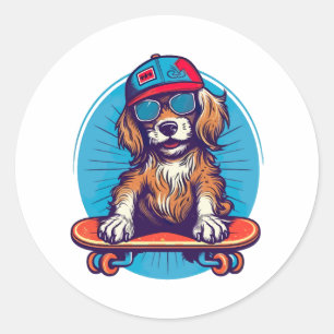Paws op Wielen Retro Skater Hond Ronde Sticker