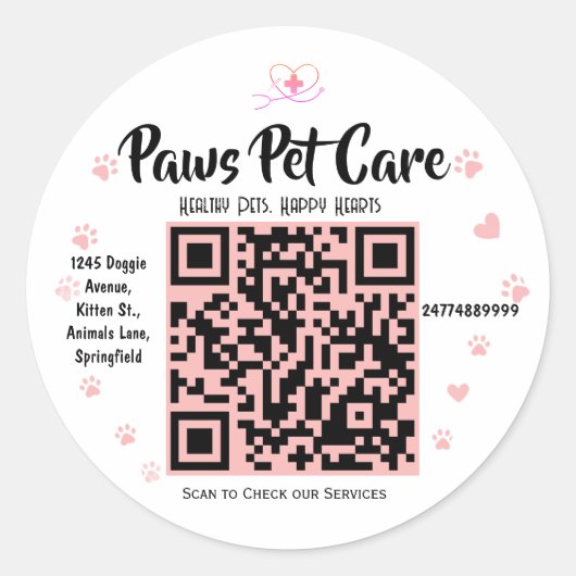 Paws Pet Care Pet Shop Logo Naam Barcode Ronde Sticker (Voorkant)