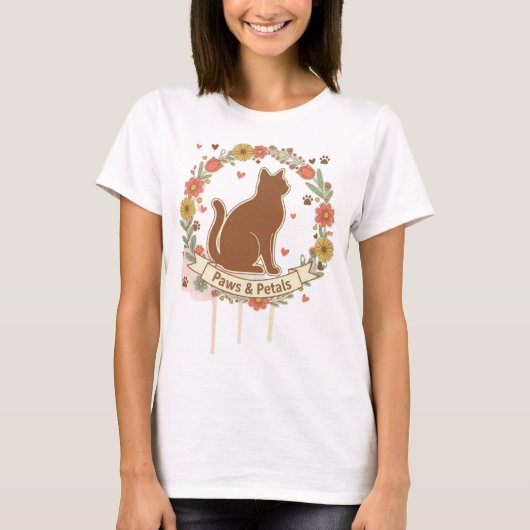 Paws & Petals Kat Bloemontwerp T-shirt (Voorkant)