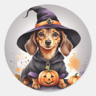Paws & Potions: Dachshund Witch op een pompoen Ronde Sticker