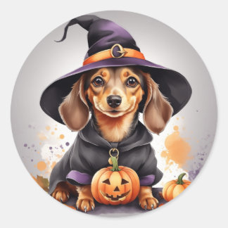 Paws & Potions: Dachshund Witch op een pompoen Ronde Sticker