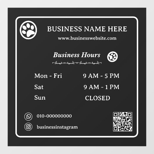 Paws QR Code Minimalistische Zakelijke Openingsure Raamsticker (Vel)