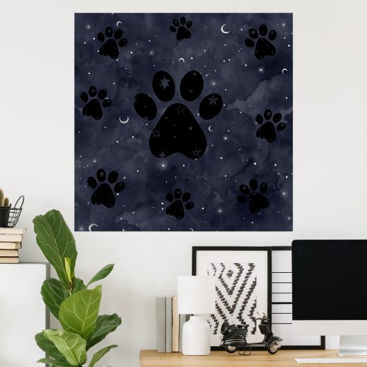 Paws Star en Crescent Moons Blue Waterverf Poster (Thuiskantoor)